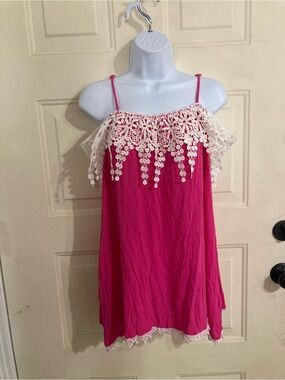 Girls Hot Pink Lace-Trim Spaghetti Strap Top
